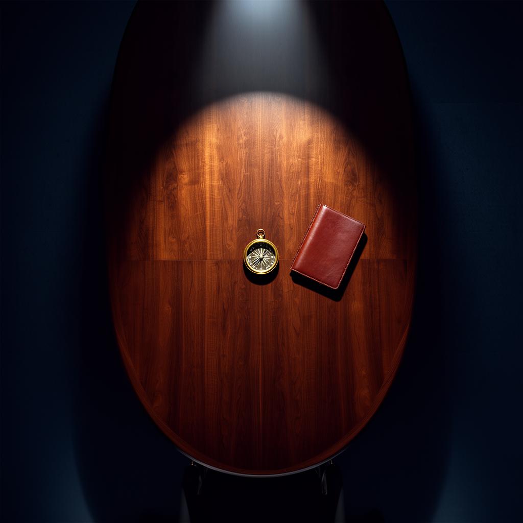 An empty boardroom table with a brass compass under a single overhead light