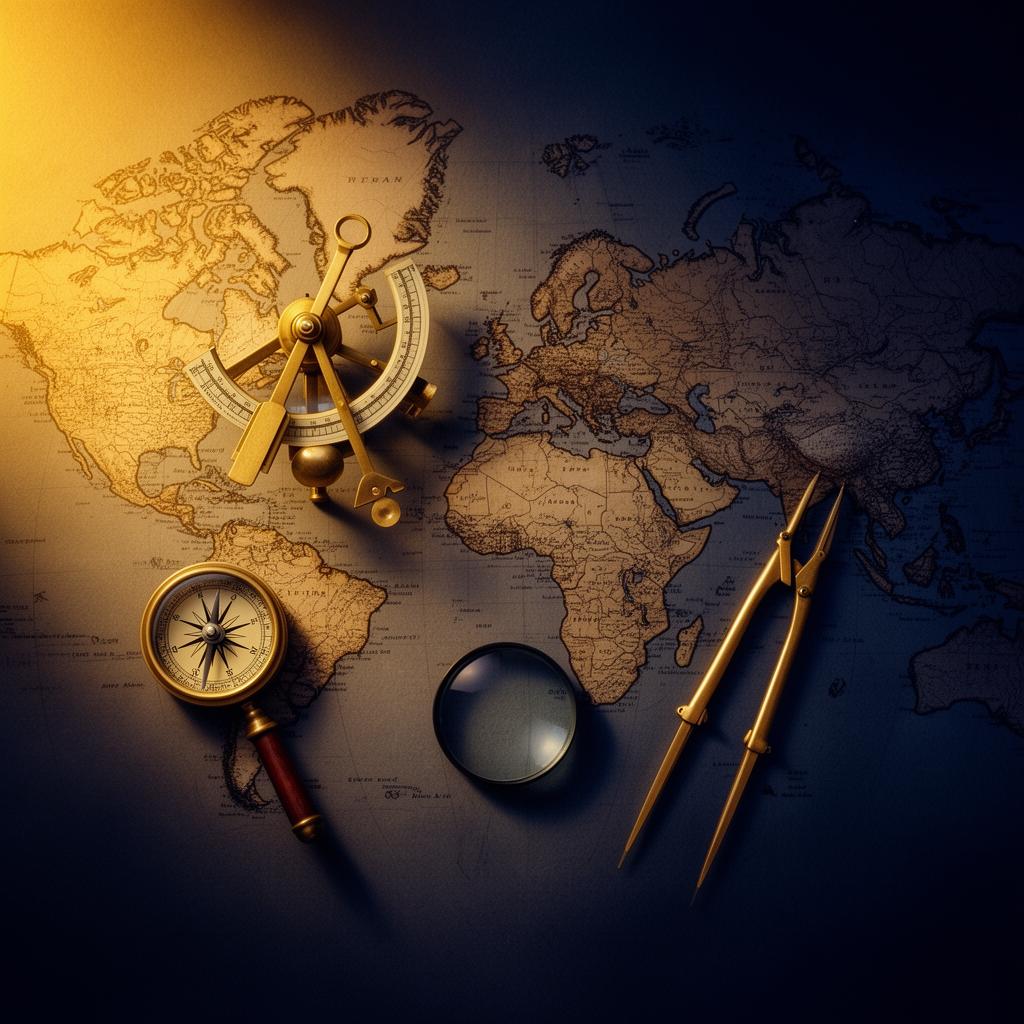 Brass nautical instruments on a vintage world map