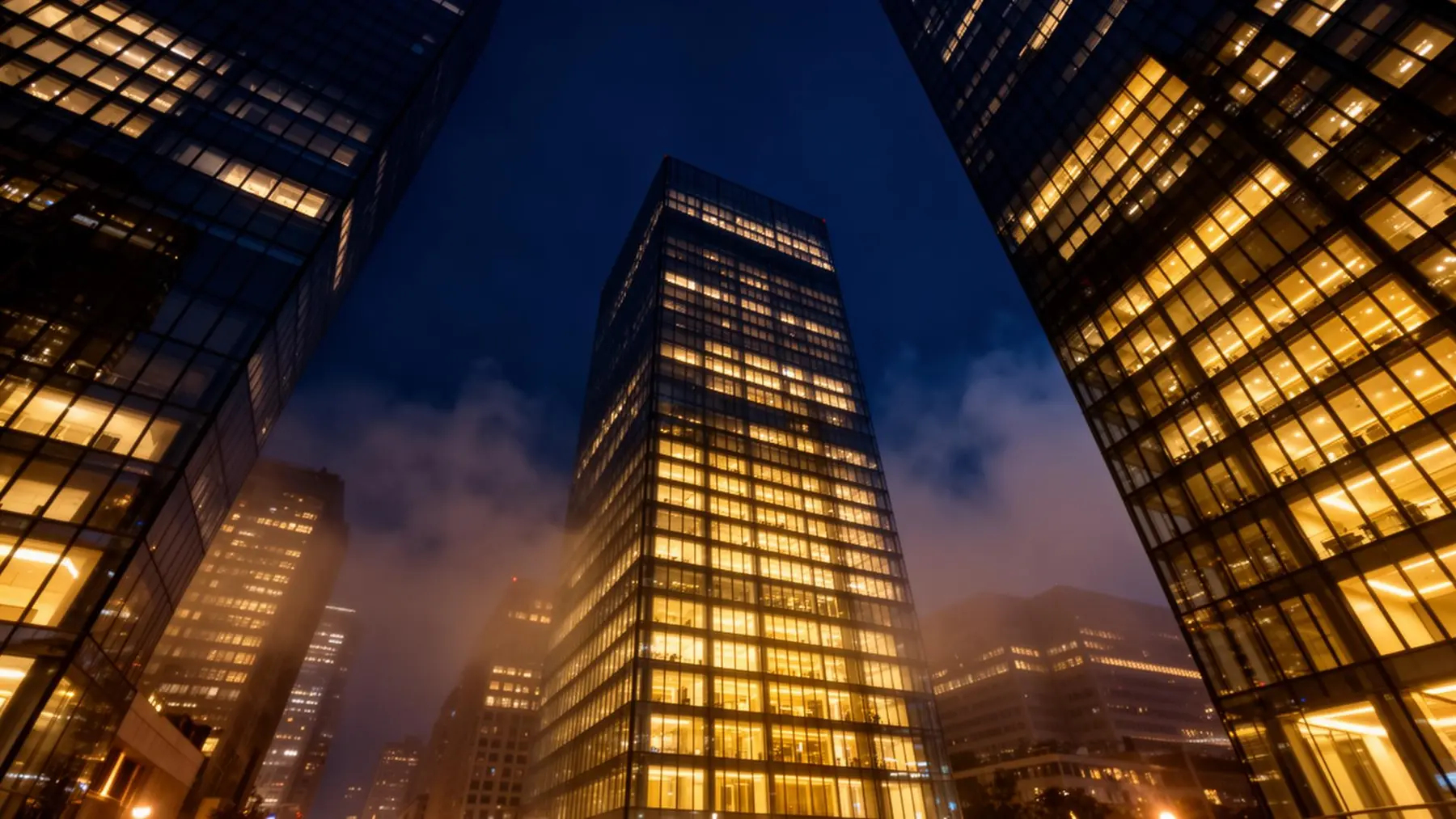 A financial district at twilight